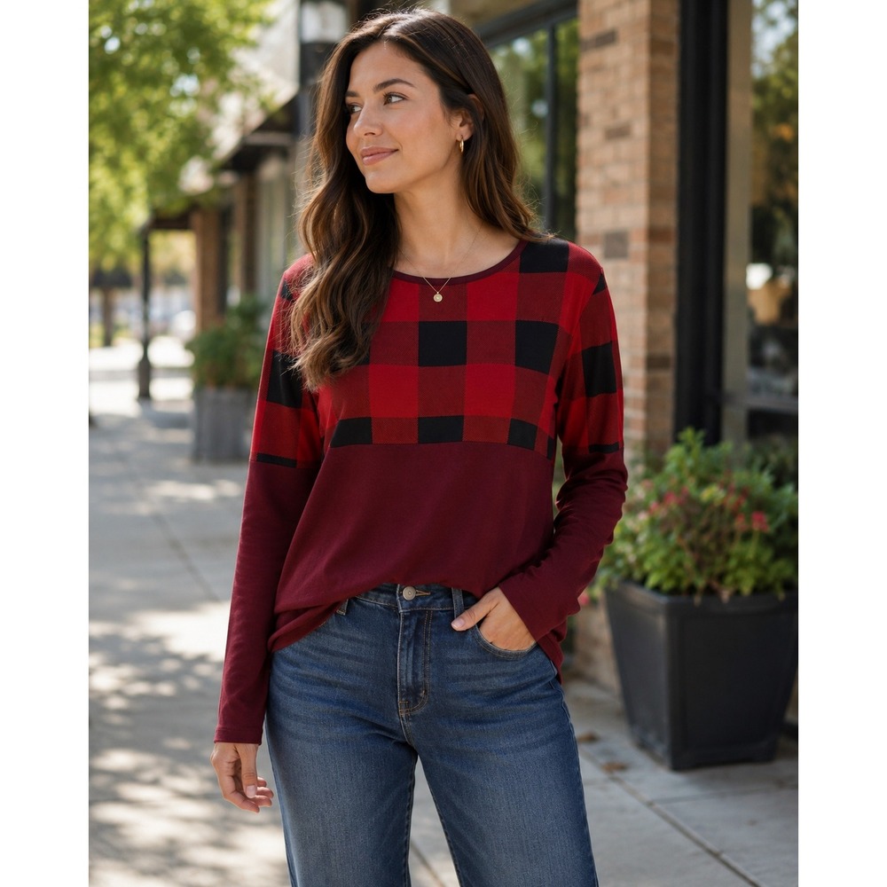 Zenana Buffalo Plaid Colorblock Top Women XL Extra Large Burgundy Long Sleeve